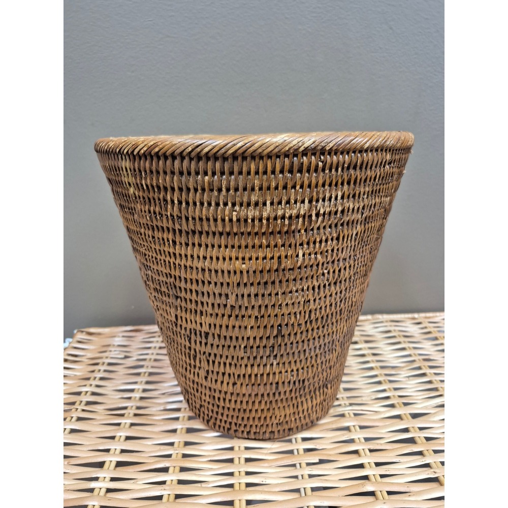 Vintage Handwoven Rattan Wicker Wastebasket 11" Boho Coastal Storage Basket